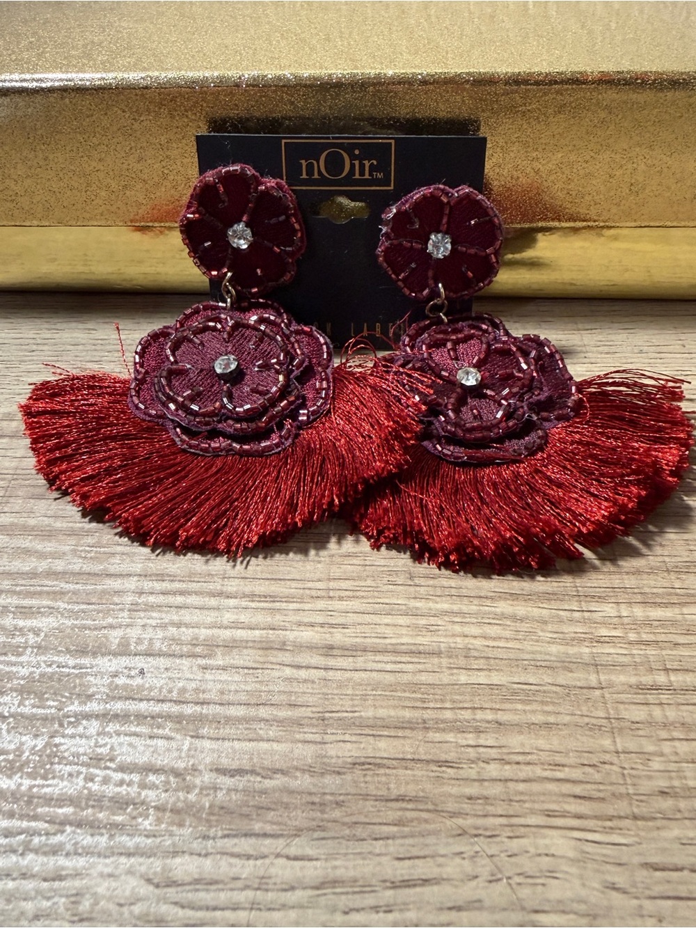 nOir Jewelry Burgundy Floral Tassel Earrings with Sparkle